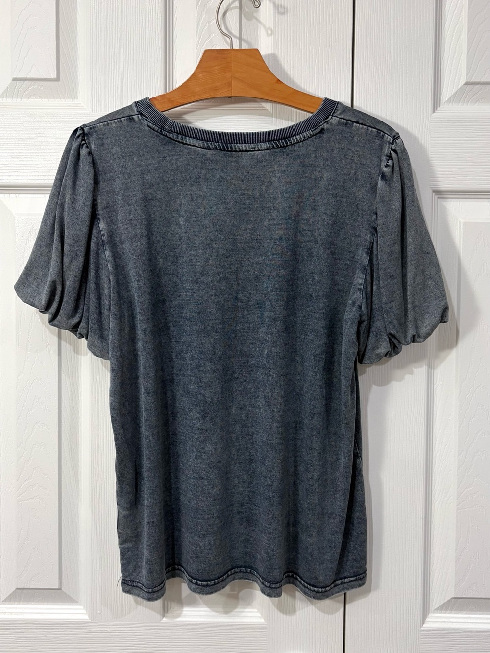 Mineral Wash Puff Sleeve Tee Crew Neck Blue Gray Large - Picture 2 of 11